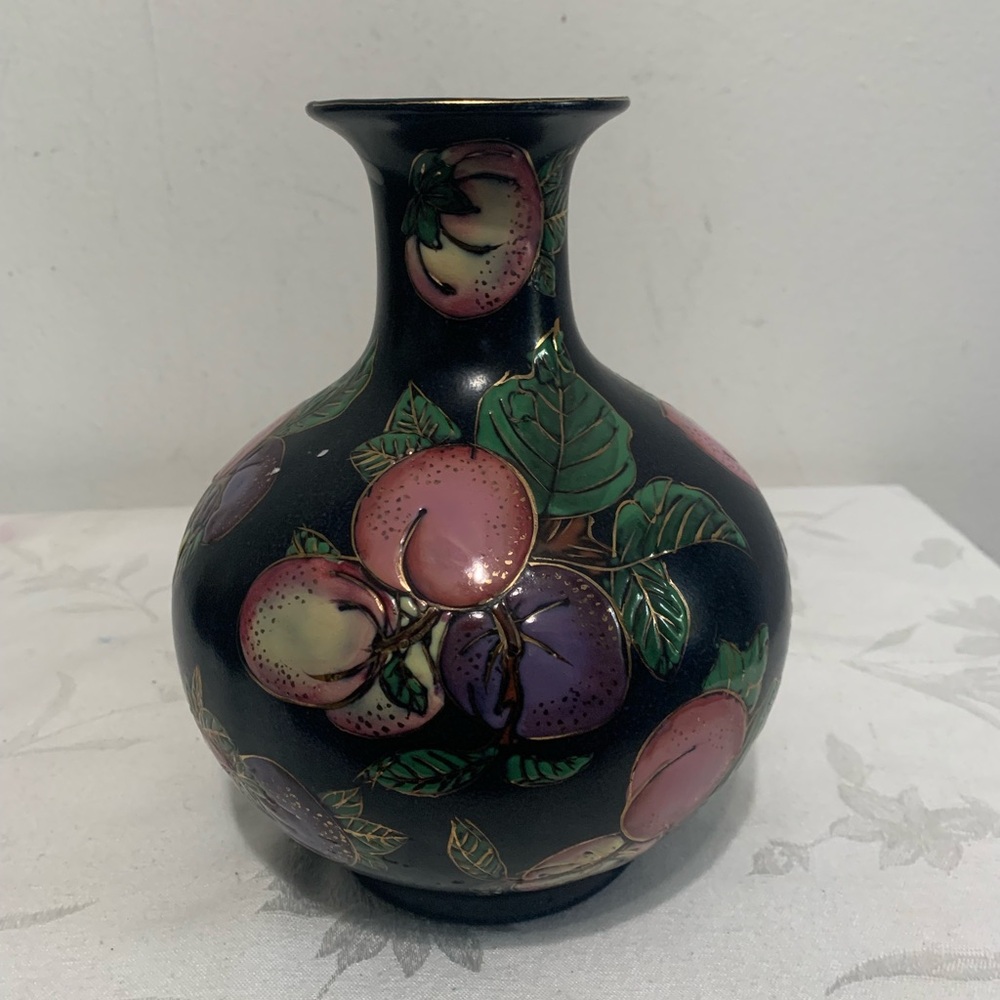 Black Floral Cloisonné Style Vase 8.5 “